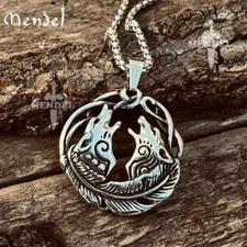 MENDEL Mens Girls Stainless Steel Couple Love Viking Wolf Pendant Necklace Women