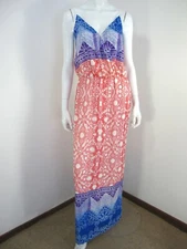 AARON ASHE SLEEVELESS SWEETHEART NECKLINE DRESS SIZE S SMALL ORANGE BLUE MAXI 