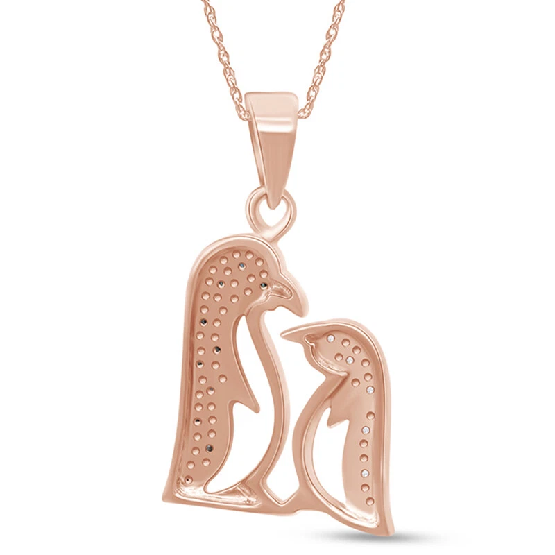 Colgante de pingüino enchapado en oro rosa de 14 quilates con diamantes azules y naturales de 1/20 quilates con collar C Foto 4 de 4