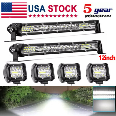 2x12''inch 450W LED Light Bar Combo+4x 4''in Pods Kit For Jeep Truck SUV ATV 4WD