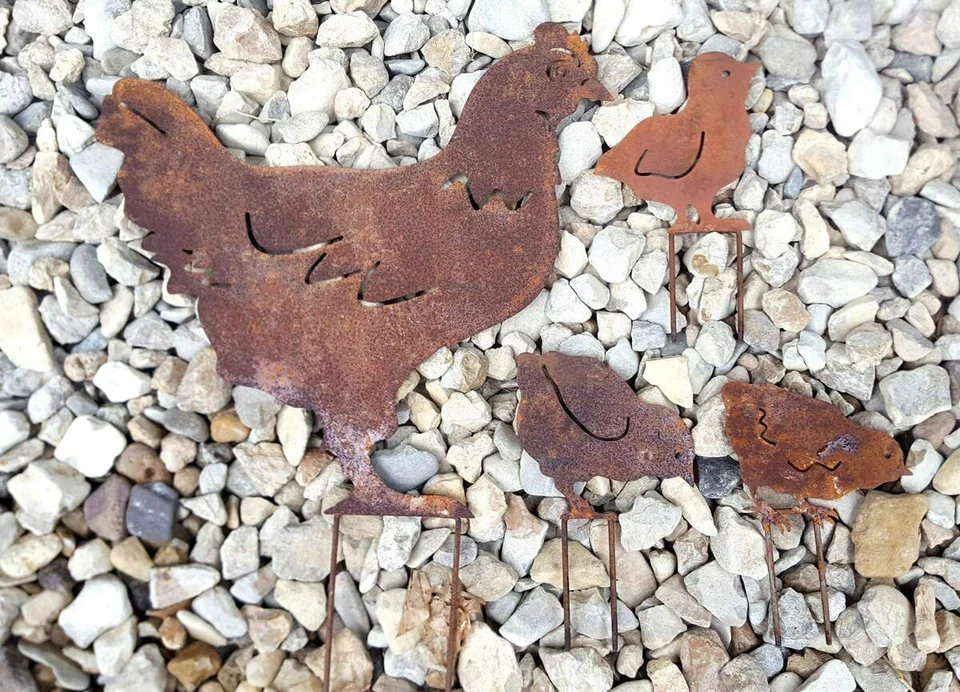 Gartendeko 4er SET Rost Edelrost Stecker Huhn Hühner Metall Deko Garten Figur XL - Bild 2 von 2