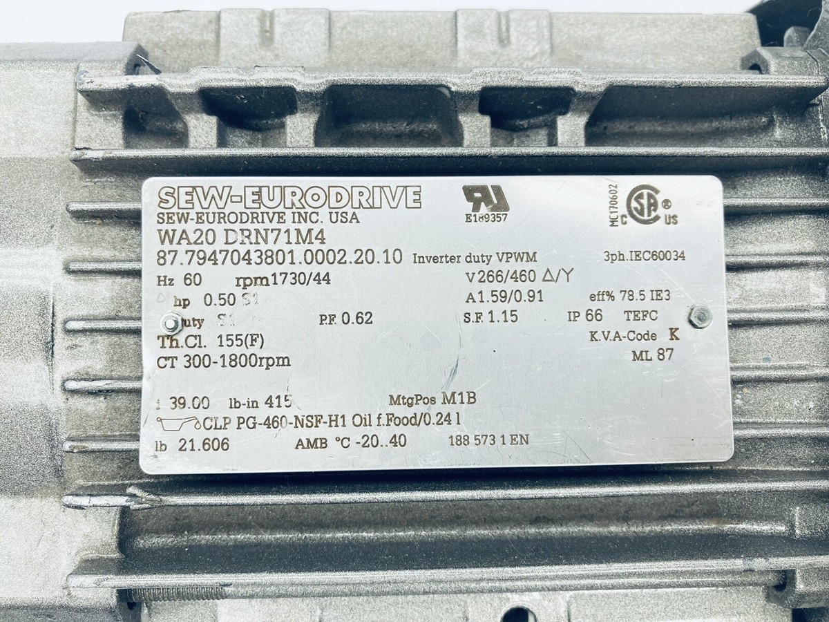 SEW EURODRIVE WA20 DRN71M4 GEARBOX REDUCER 39:1-RATIO 1730/44RPM 1