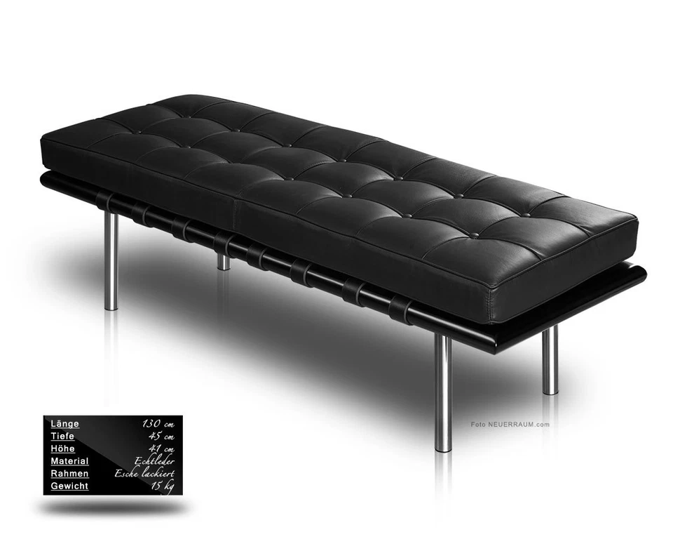 Bauhaus Panca In Pelle Nera In Legno Di Frassino Lunghezza 130 Cm Elegante! - Immagine 2 di 2