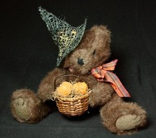 Vintage Jointed Brown Halloween Witch Teddy Bear With Pumpkin Basket