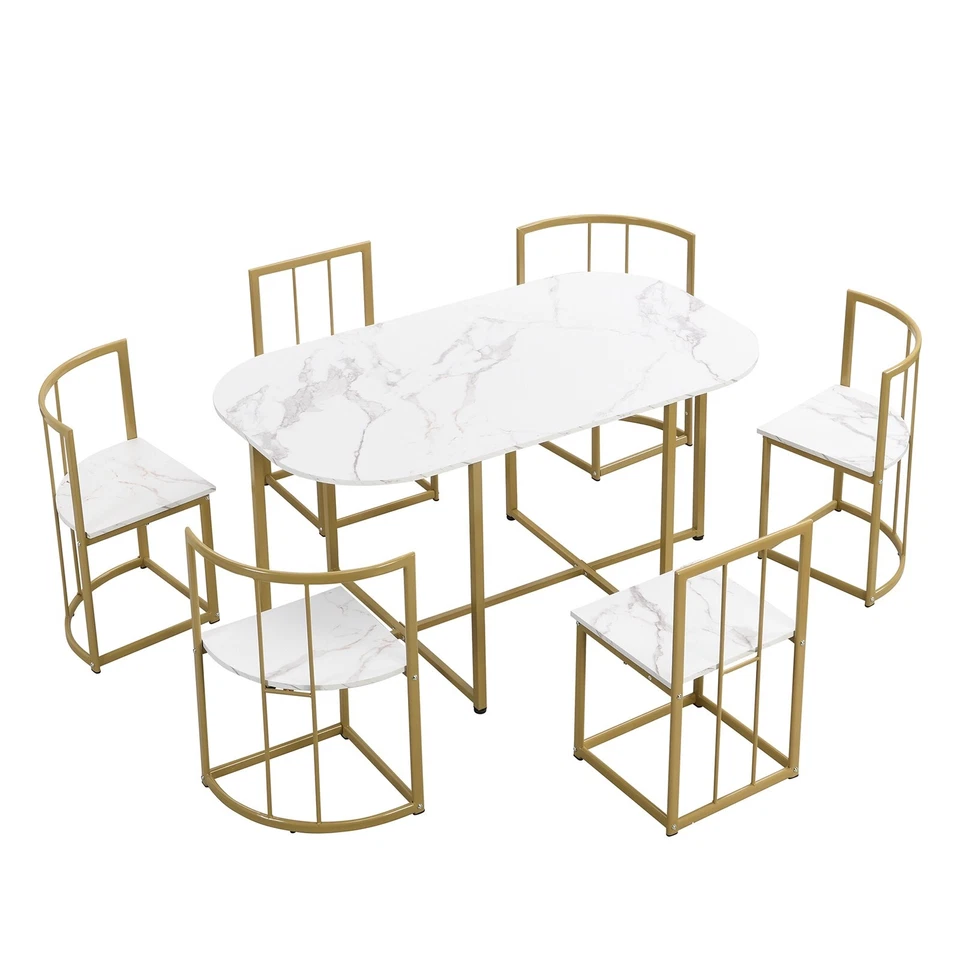 Compact 7-Piece Dining Table Set Faux Marble Table with 6 Dining Kitchen Chairs - Image 3 of 4