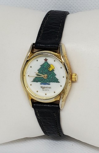 Ladies Vintage Round Christmas Tree Gold Tone Black Leather Band Analog Watch D7 - Picture 2 of 9