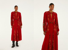 FARM RIO NWT $380 Red Berry Garden Belted Long Sleeve Pleated Maxi Dress XXS