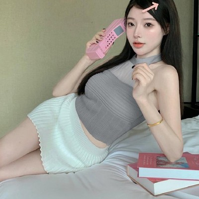 Summer Hottie Halter Neck Camisole Women Mesh Patchwork Sleeveless Slim Tank Top