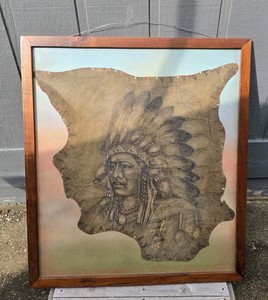 Antique Native American Indian Chief Shaman In Headdress Leather Hide Painting