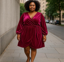 Nine West Velvet Faux Wrap Dress 4X Tie Waist Holiday Christmas Deep-V Red Wine