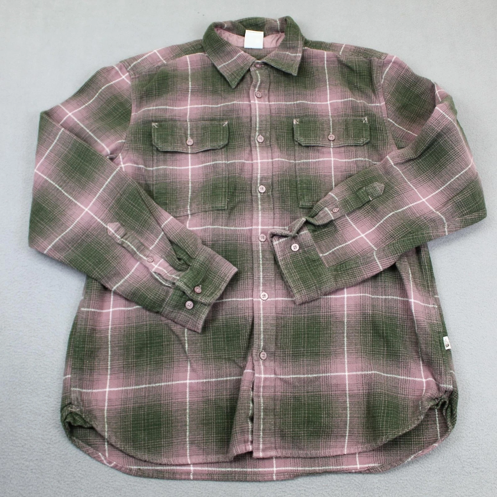 The North Face Shirt Mens Large Green Pink Plaid Flannel Button Hiking Pockets