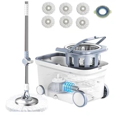 NEW Spin Mop Bucket Deluxe360 Spinning  w/ 6 Microfiber Replacement Head Refills