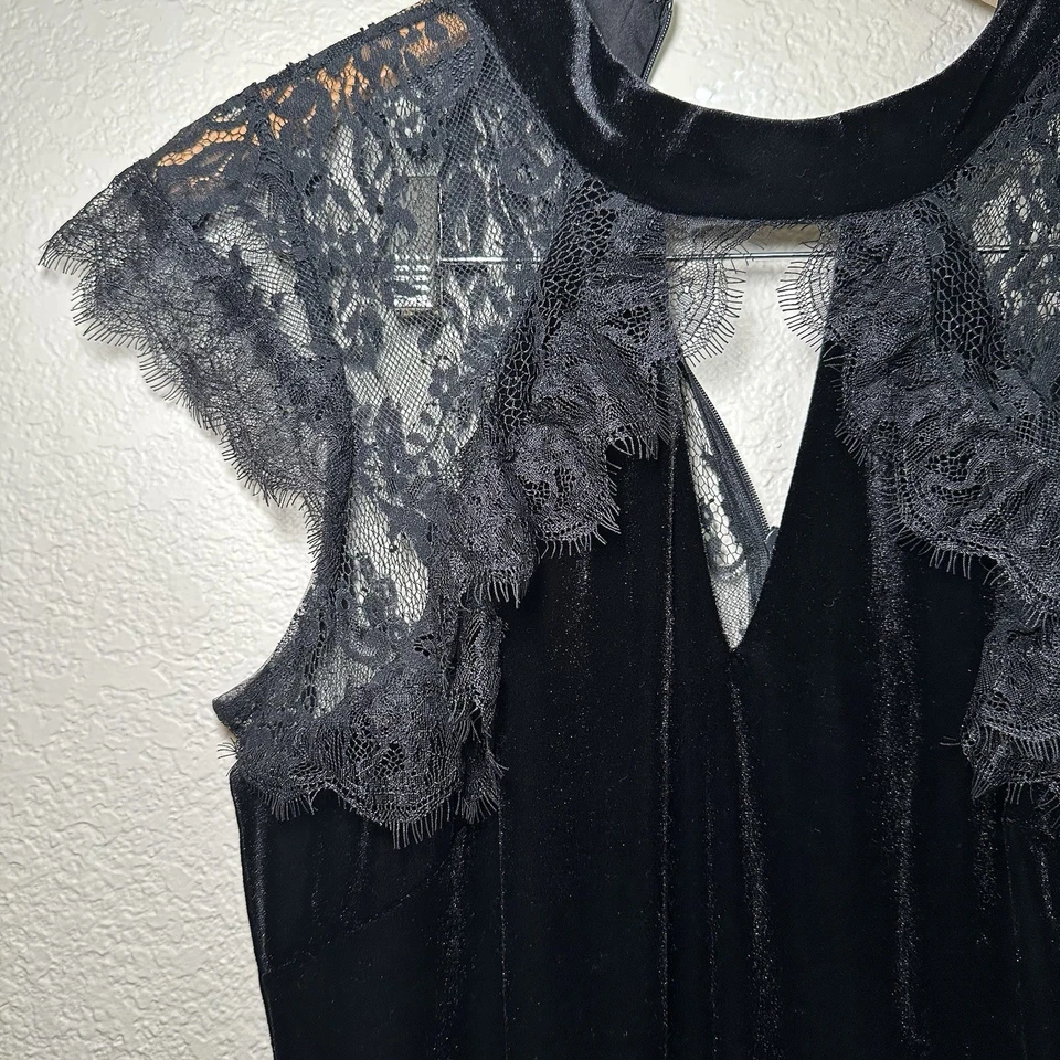 WHITE HOUSE BLACK MARKET Mujer Talla 10 Terciopelo Cambio Vestido Encaje Negro Cóctel Foto 2 de 4