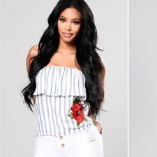 Fashion Nova blue white stripped tube bandeau top with embroidered flower SZ XL