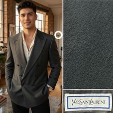 YSL Vintage Men's 46L Gray Pinstripe Double Breasted Blazer Jacket Saint Laurent