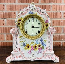 Antique Ansonia Royal Bonn Porcelain Mantel Clock Rococo Painted Chiming 8 Day
