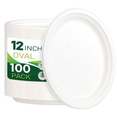 100PCS 100% Compostable White Oval Paper Plates(12in), Heavy Duty Disposable ...