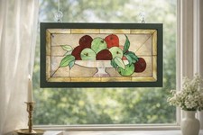 Vintage Framed Stained Glass Fruit Bowl Wall Hanging Panel Sun Catcher 11 X 21
