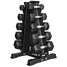 BalanceFrom 150LB Coated Hex Dumbbell Weight Set and A-Frame Storage Rack, 5-25