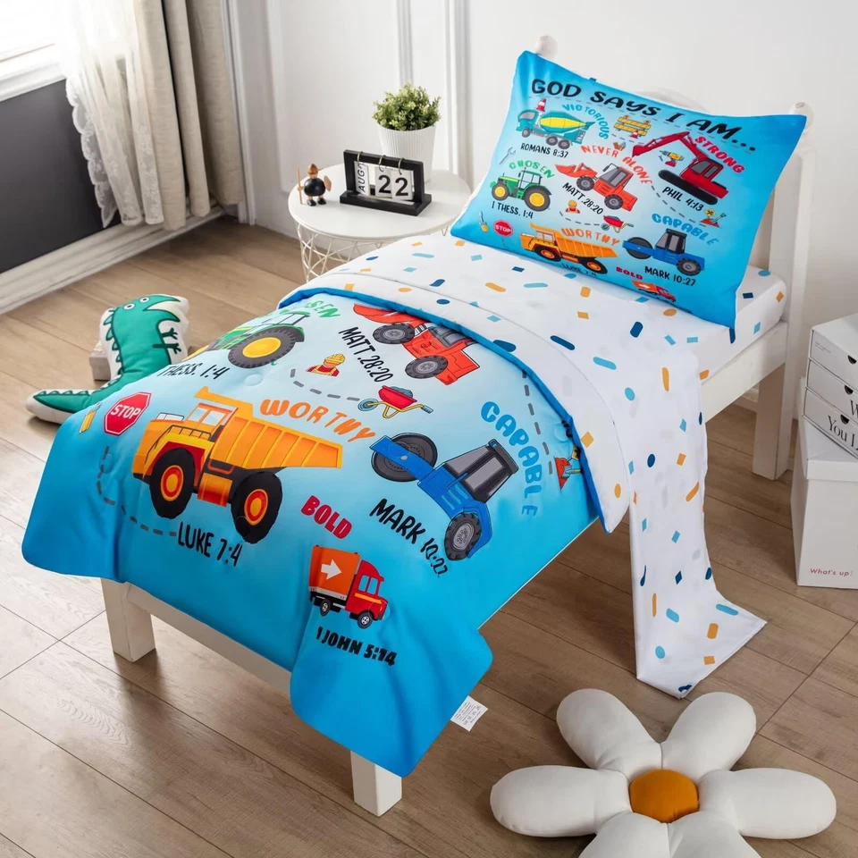 Juego de cama de 4 piezas para niños pequeños, construcción de automóviles edredón de cama para niños pequeños... Foto 2 de 4
