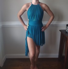 Weissman Blue Halter Dance Costume Sequin Bodice Floral Applique