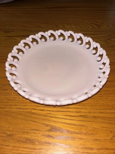 Fenton Pink Milk Glass Reverse C Plate Vintage Lace Edge Scalloped Dish Mint 8”