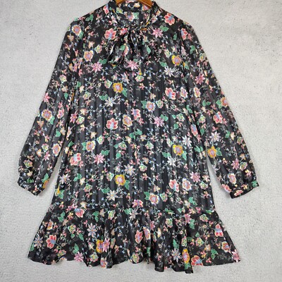 Banana Republic Dress Women's Small Black Floral Lined Sheer Ruffle Hem Tie Neck