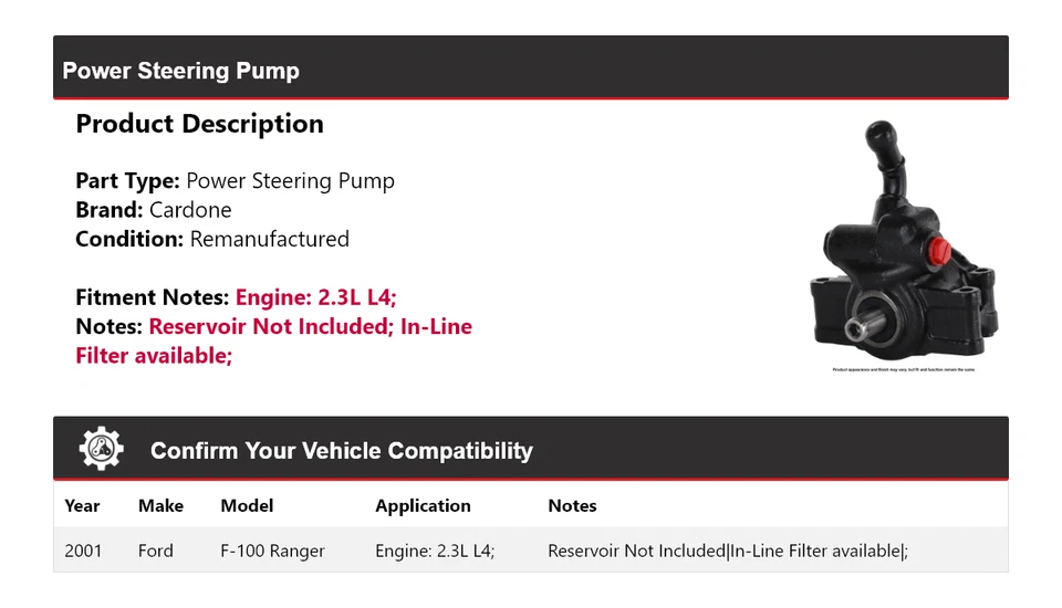 Bomba de dirección asistida Cardone para Ford F-100 Ranger 2001 2,3 L L4 Foto 2 de 4