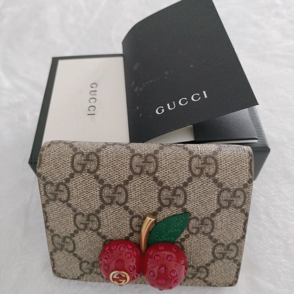 Étui à cartes Gucci GG Supreme avec cerises beige