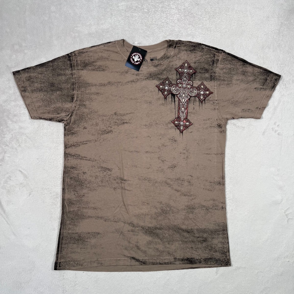Affliction Shirt Mens Extra Large Brown Red Metallic Cross
