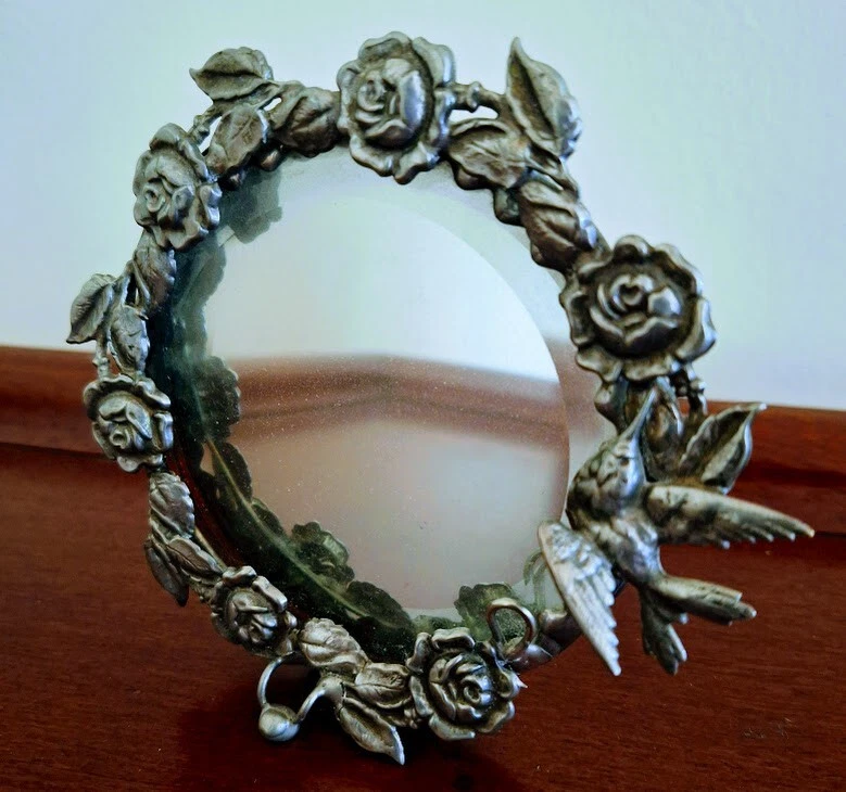 Art Nouveau Style Framed Mirror Pewter Floral Bird Motif Round Wreath - Image 4 of 4