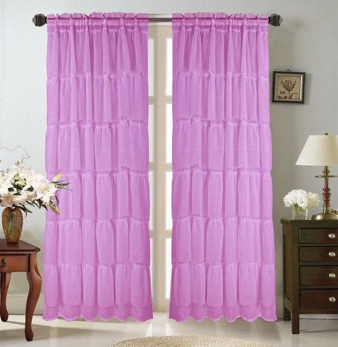 2PC SOLID ROD POCKET TOP VOILE SHEER WINDOW CURTAIN PANEL WITH RUFFLES MODERN - Picture 3 of 9