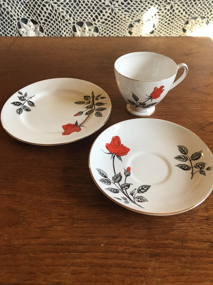 Vintage Queen Anne "Carmen"  Trio Red Rose High Tea Cup Saucer and Plate - image 3 of 4