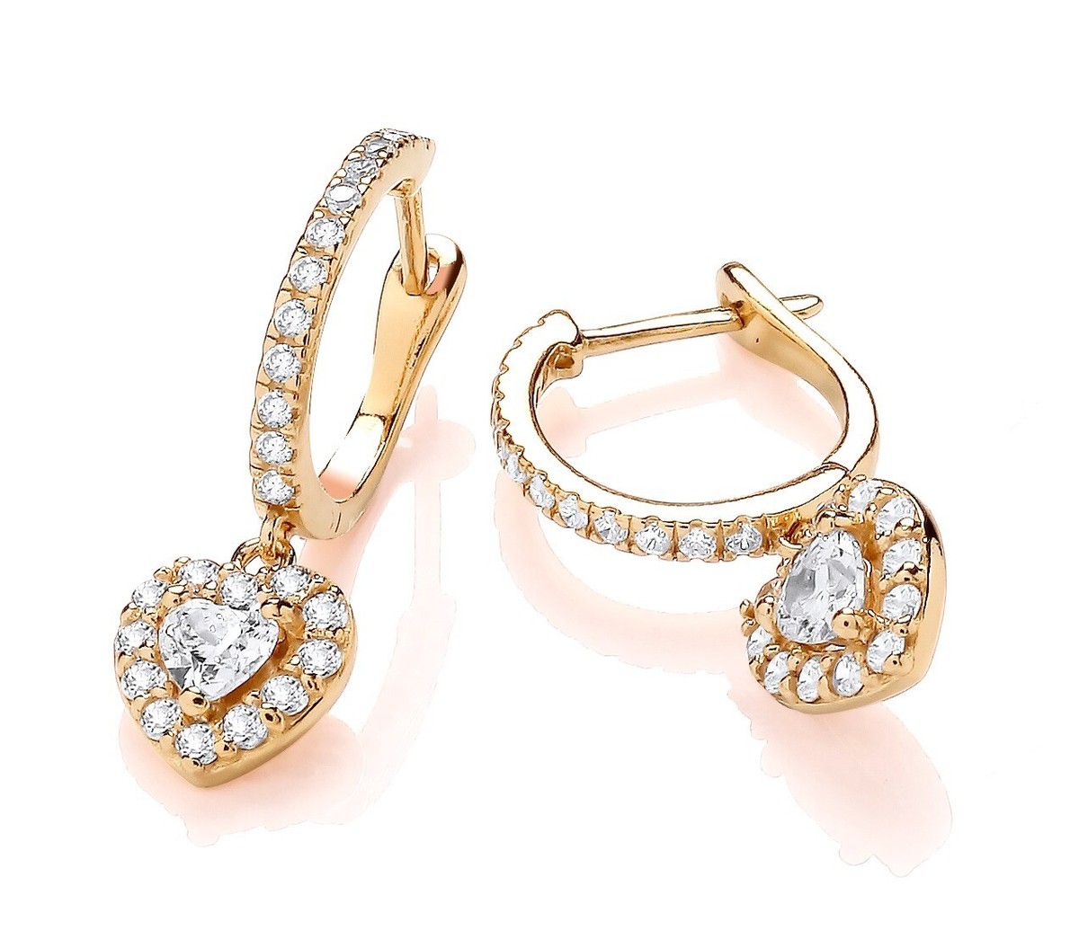 9ct Gold on Silver Simulated Diamond HEART Charm Drop Dangle Huggie Earrings