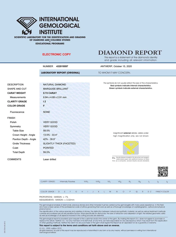Marquise Shape Diamond Natural White Loose F/I2 Drilled IGI Certified 0.72 Carat - Image 3 of 4