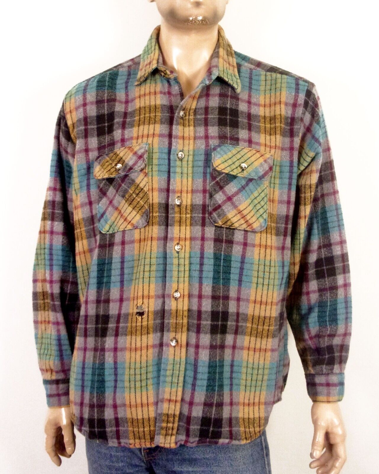 vintage 80s Five Brother COLORFUL Plaid Flannel S… - image 1