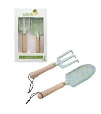 Garden Party Garden Tool Set Trowel Fork Wood Handle Blue Green Leaf Design 2pc