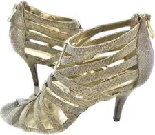 Coach And Four Silver/Gold Sparkly Gladiator Peep Toe Zip Back Heels Women SZ 6
