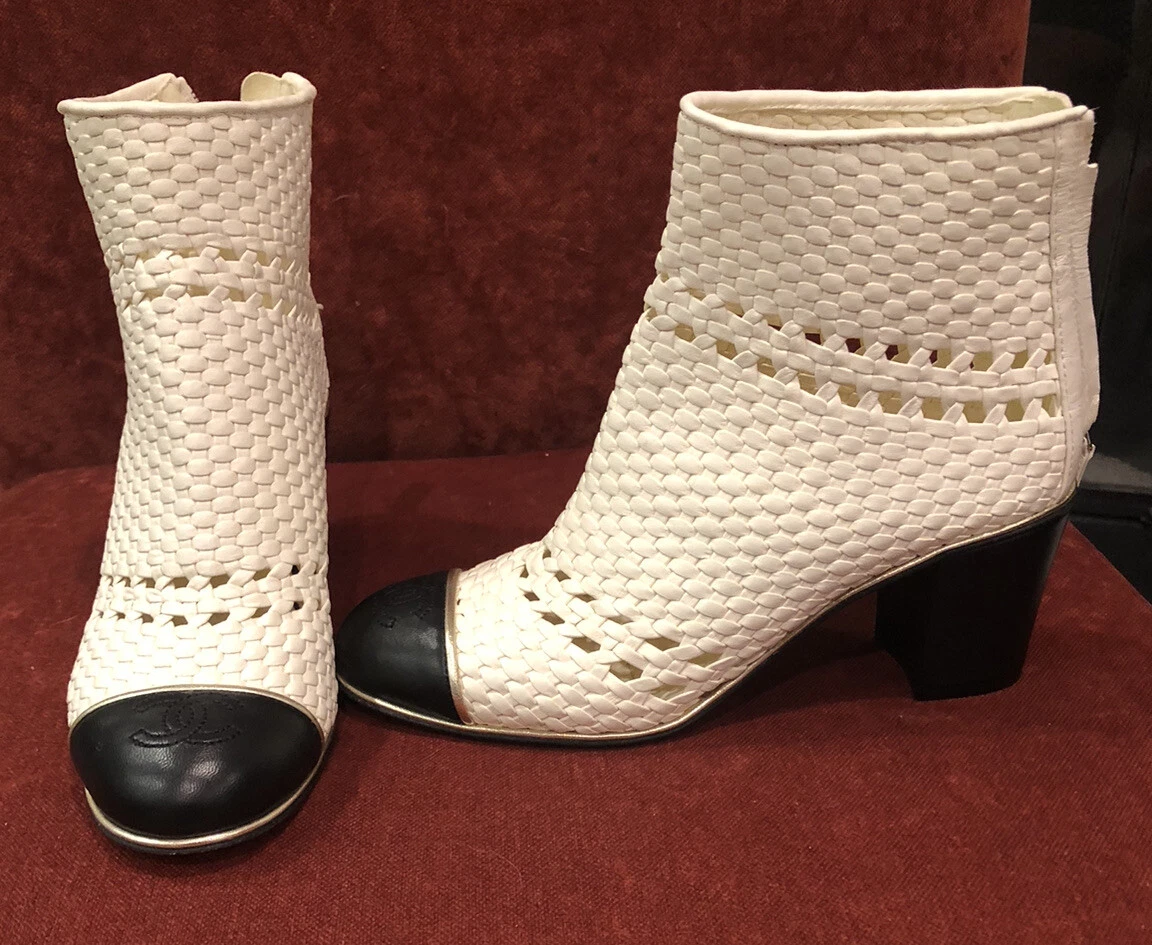 LOGO ON FRONT NEW IVORY CHANEL SHOES ANKLE BOOTS CROSSHATCHED WEAVE Booties