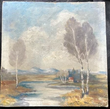 Oil Painting Birch At Shore With Home ° Expressionist Unreadable Signed Antique