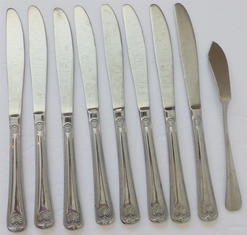 LOT 9pc Supreme Abbey Shell Towle Japan VGUC 8 Dinner Knives+1 Butter Knife Bead - Picture 2 of 8
