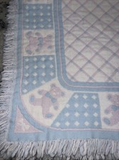 Vintage Teddy Bear Woven Tapestry Baby Blanket Throw Fringe Pastel Pink Blue