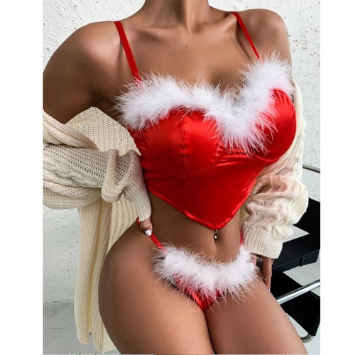 Women Sexy Mrs Santa Claus Costume Christmas Lingerie Set Bra and Thong Outfits - Picture 7 of 17