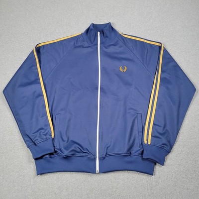 Vintage Fred Perry Track Jacket Men Large Blue Gold Stripe Logo Portugal Stretch