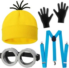 4 Pcs Halloween Costume Accessories Adults-Yellow Beanie Hat/Goggles/Gloves/Susp