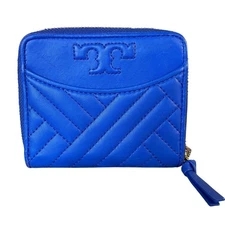 Tory Burch Foldable Mini Leather Wallet Full Zip Closure Quilted Lined with Logo