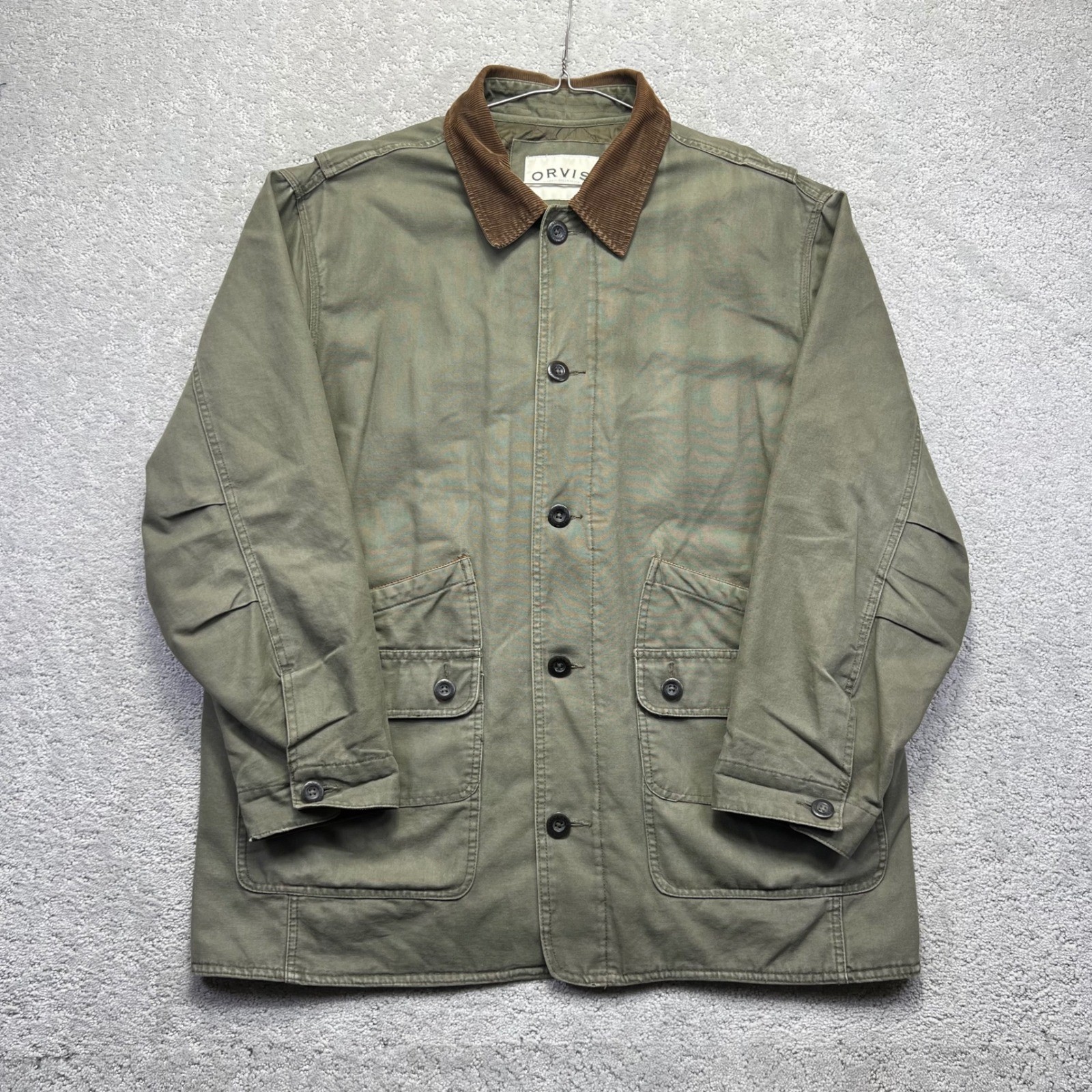 Orvis Jacket Mens XL Green Canvas Barn Chore Coat Corduroy Trim Quilt Lined