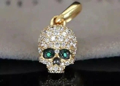 3.2CT Round Cut Lab Created Emerald Men's Skull Pendant 14K Yellow Gold Finish