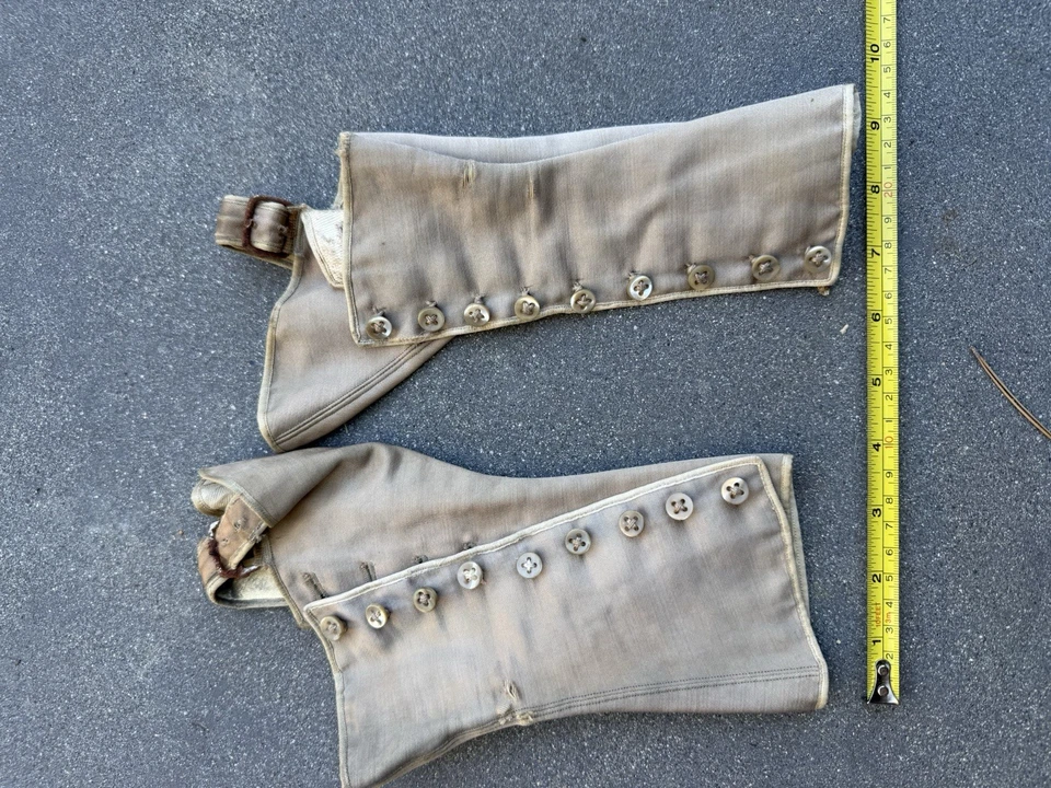 Antique Early 1900s Men’s Canvas & Leather Button Spats Gaiters  - Image 4 of 4