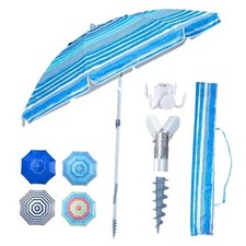 Heavy Duty High Wind Beach Umbrella with Sand Anchor  Carry Bag Ocean Stripe